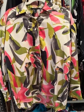 Forever 21 Silky Abstract Print Button-Up Blouse - Pink, Olive, Black